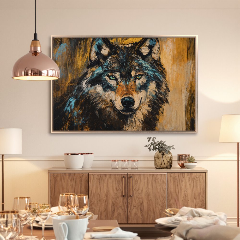 Framed Wall Art: Majestic wolf portrait canvas print in a modern interior. Features a bold, textured style with a warm gold, blue, and black color palette.