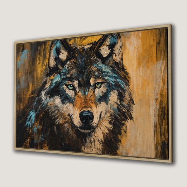 Framed Wall Art: Majestic wolf portrait canvas print in warm gold and teal tones. Add a touch of wilderness to your home decor!