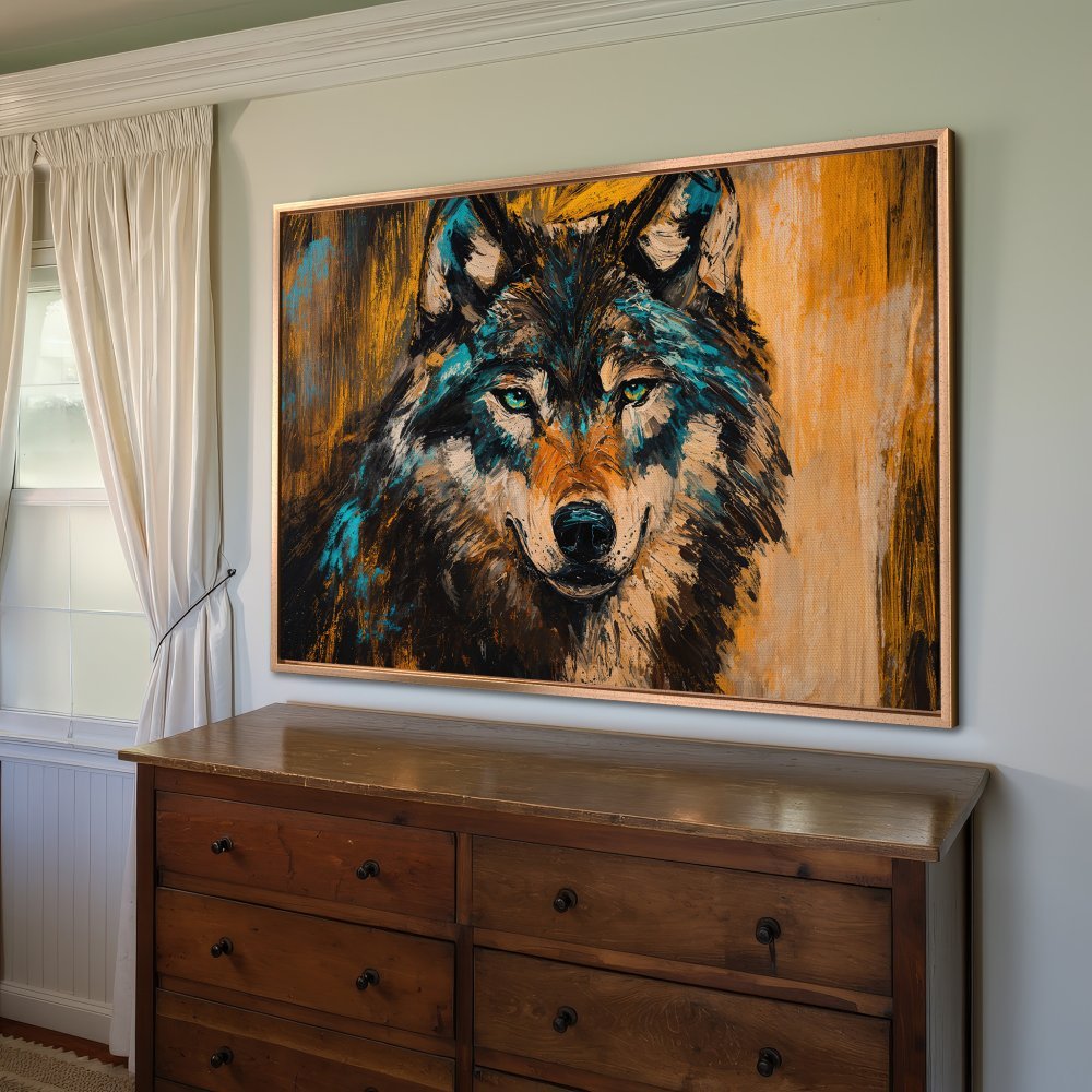 Framed Wall Art: Bold wolf portrait canvas print with teal, gold, and black color palette. Add a touch of wilderness to your home decor!