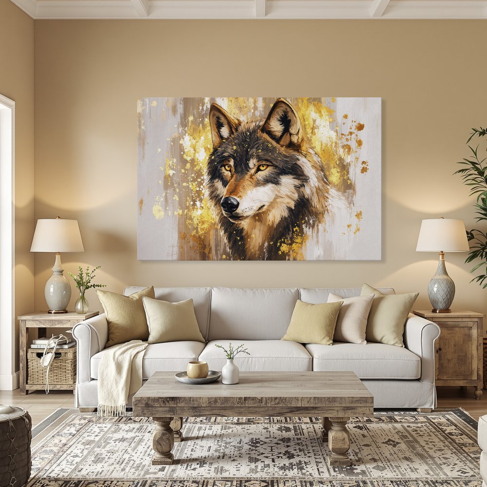 Framed Wall Art: Majestic wolf portrait in warm gold and brown tones. Add a touch of wildlife art to your home decor with this stunning Canvas Print!