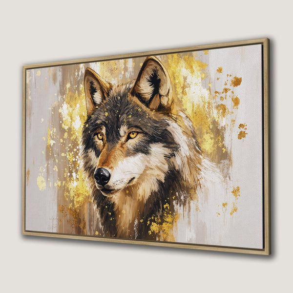 Canvas Print of a majestic wolf art, featuring a gold and neutral color palette, perfect for modern home decor.