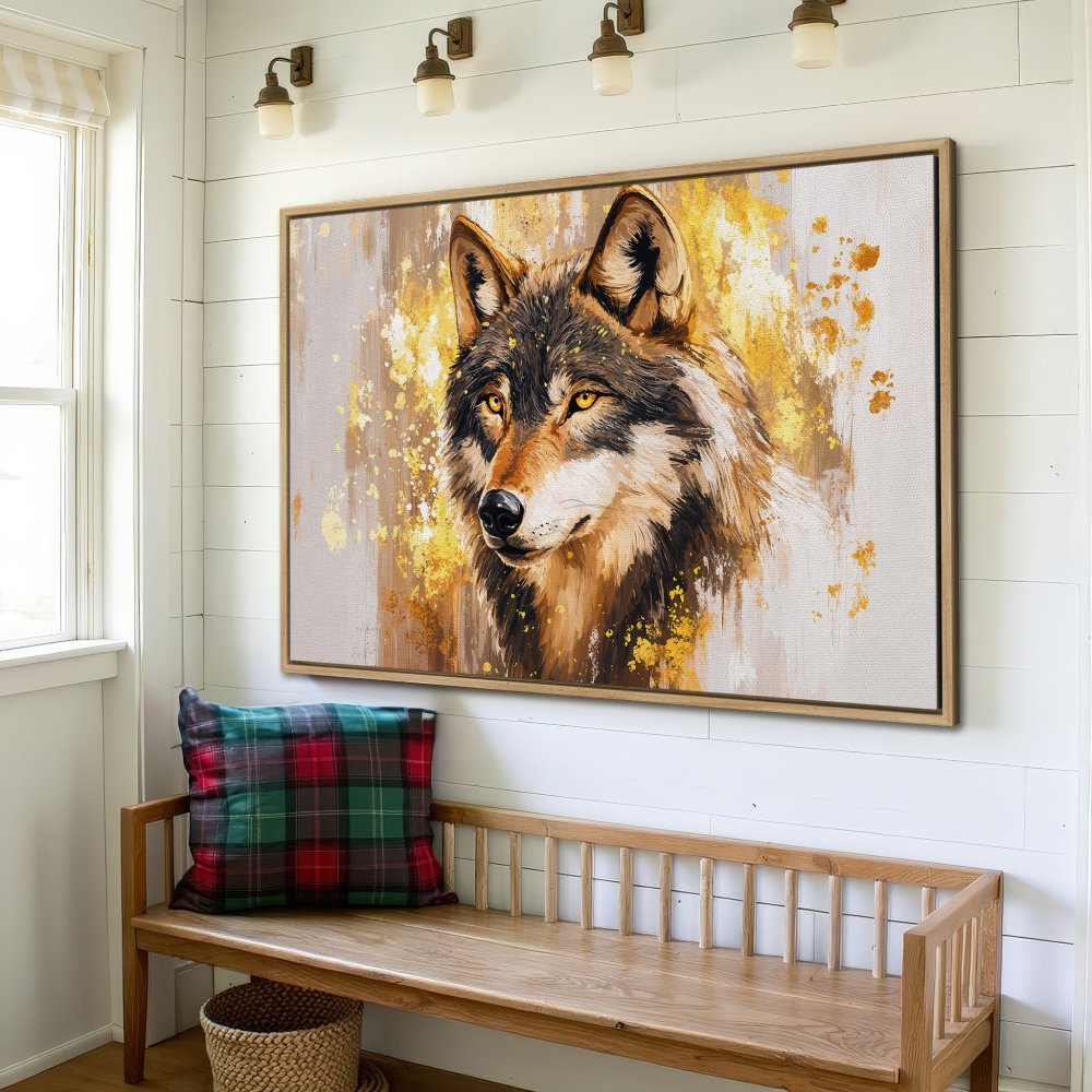 Framed Wall Art: Majestic wolf portrait in a modern, abstract style. Earthy tones with gold accents create a stunning focal point for any room.
