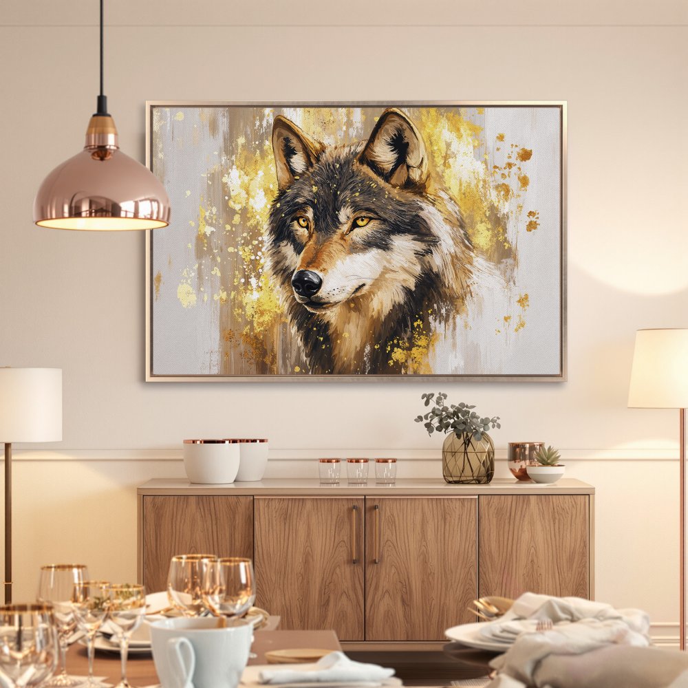 Framed Wall Art: Majestic wolf portrait in gold and neutral tones. Elevate your space with this stunning canvas print!