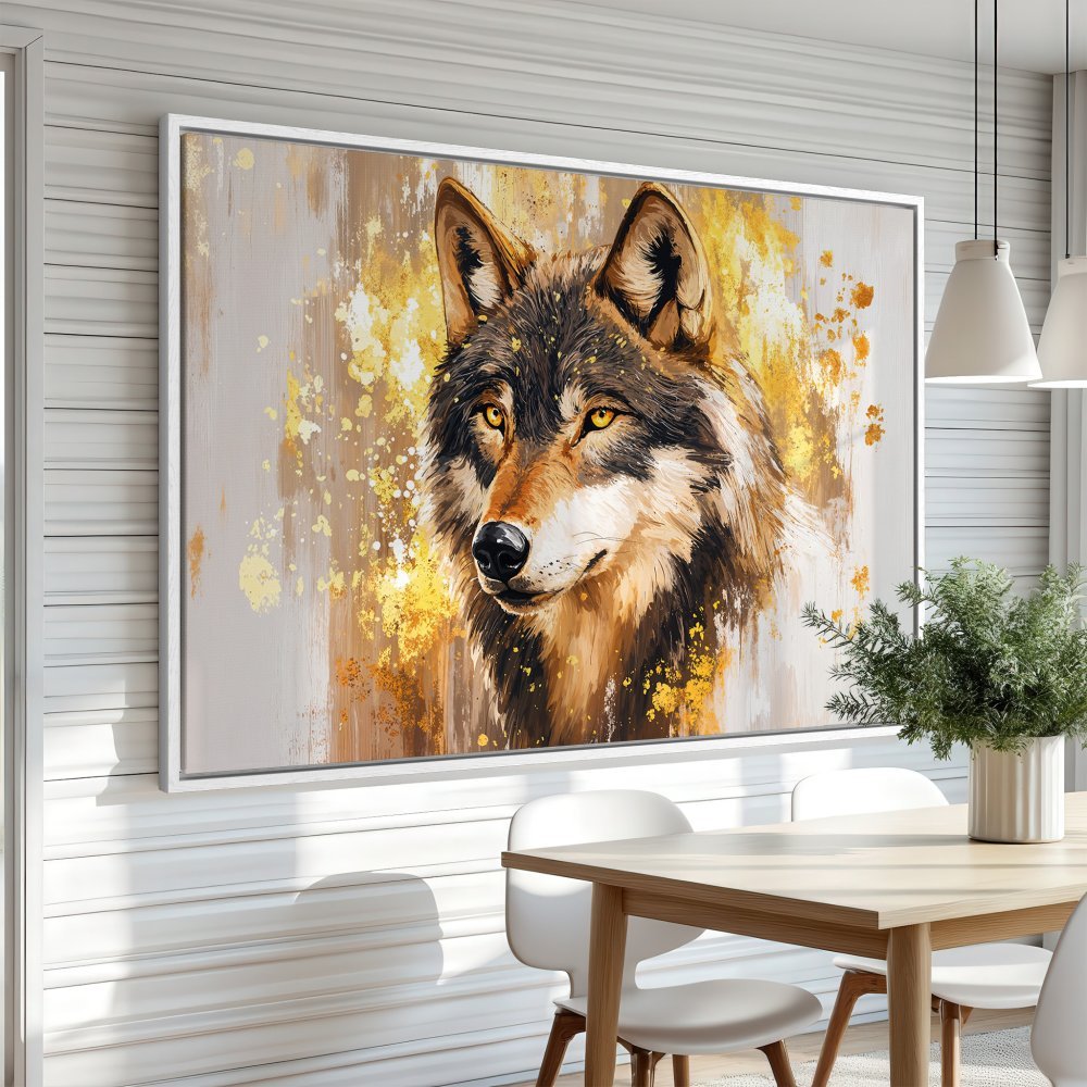 Framed Wall Art: Majestic wolf portrait in a modern, abstract style with a warm gold and neutral color palette. Elevate your space!