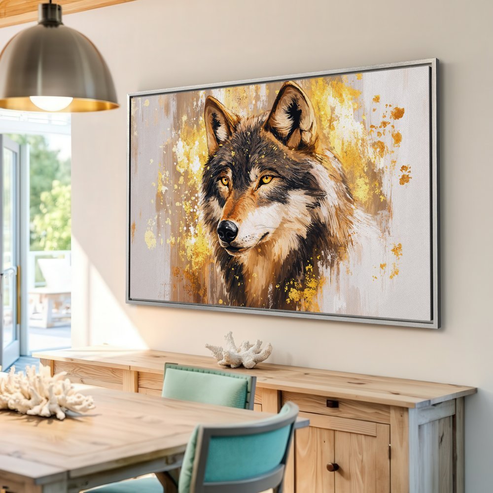 Framed Wall Art: Majestic wolf portrait canvas print in gold and brown hues. Elevate your space with this stunning animal art.