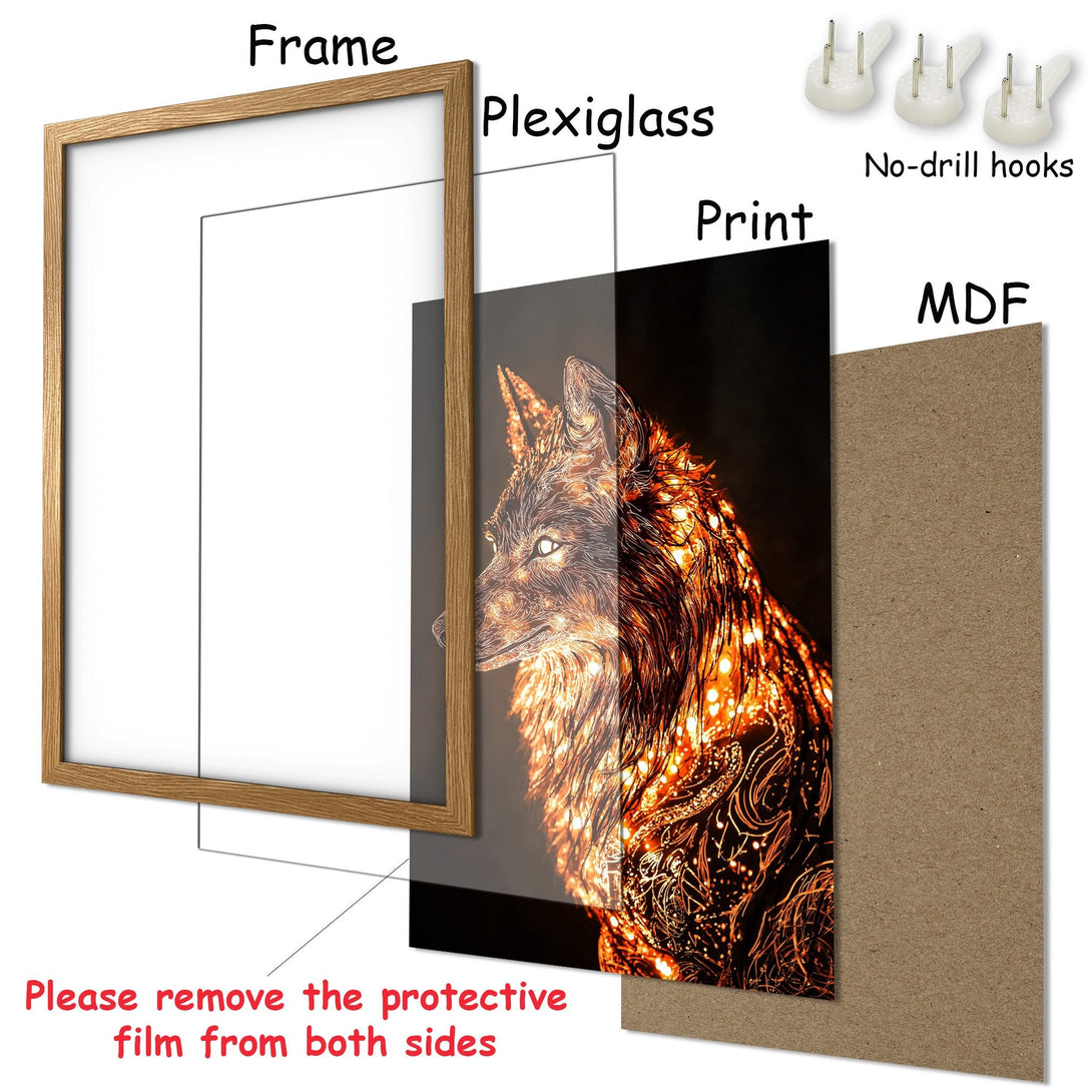 Framed Poster featuring a glowing wolf art print. Warm orange and black color palette, perfect for home decor. Get yours today!