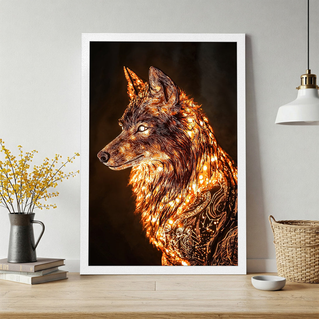 Framed Poster featuring a glowing wolf illustration in warm orange and brown tones. Modern art for home decor.
