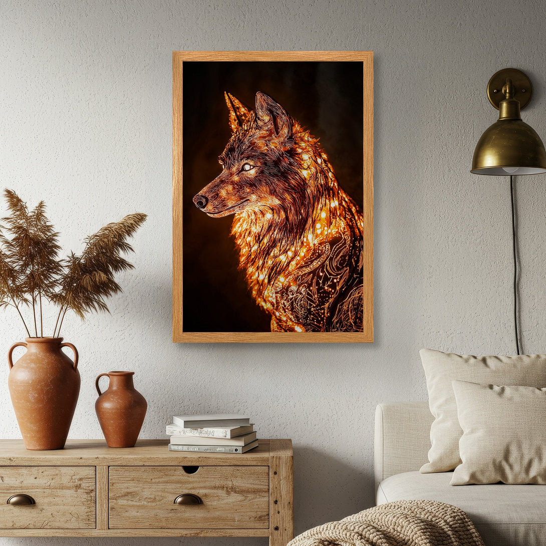Framed Poster featuring a glowing wolf illustration in warm orange and brown tones, perfect for modern decor.