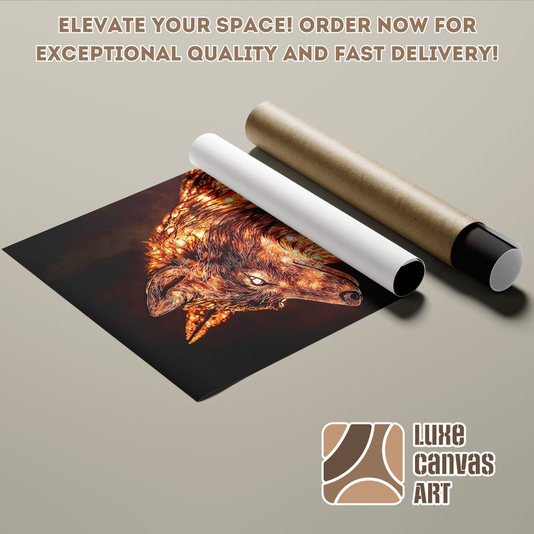 Poster Roll featuring a fiery wolf art print. Warm orange and brown color palette. Elevate your space with Luxe Canvas Art!