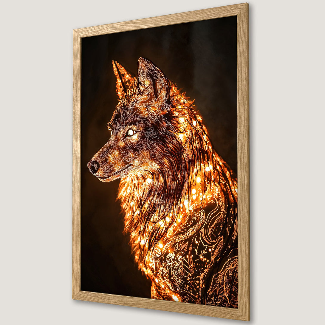 Framed Poster featuring a glowing wolf in a detailed, artistic style with warm orange and brown tones. Perfect wall art!