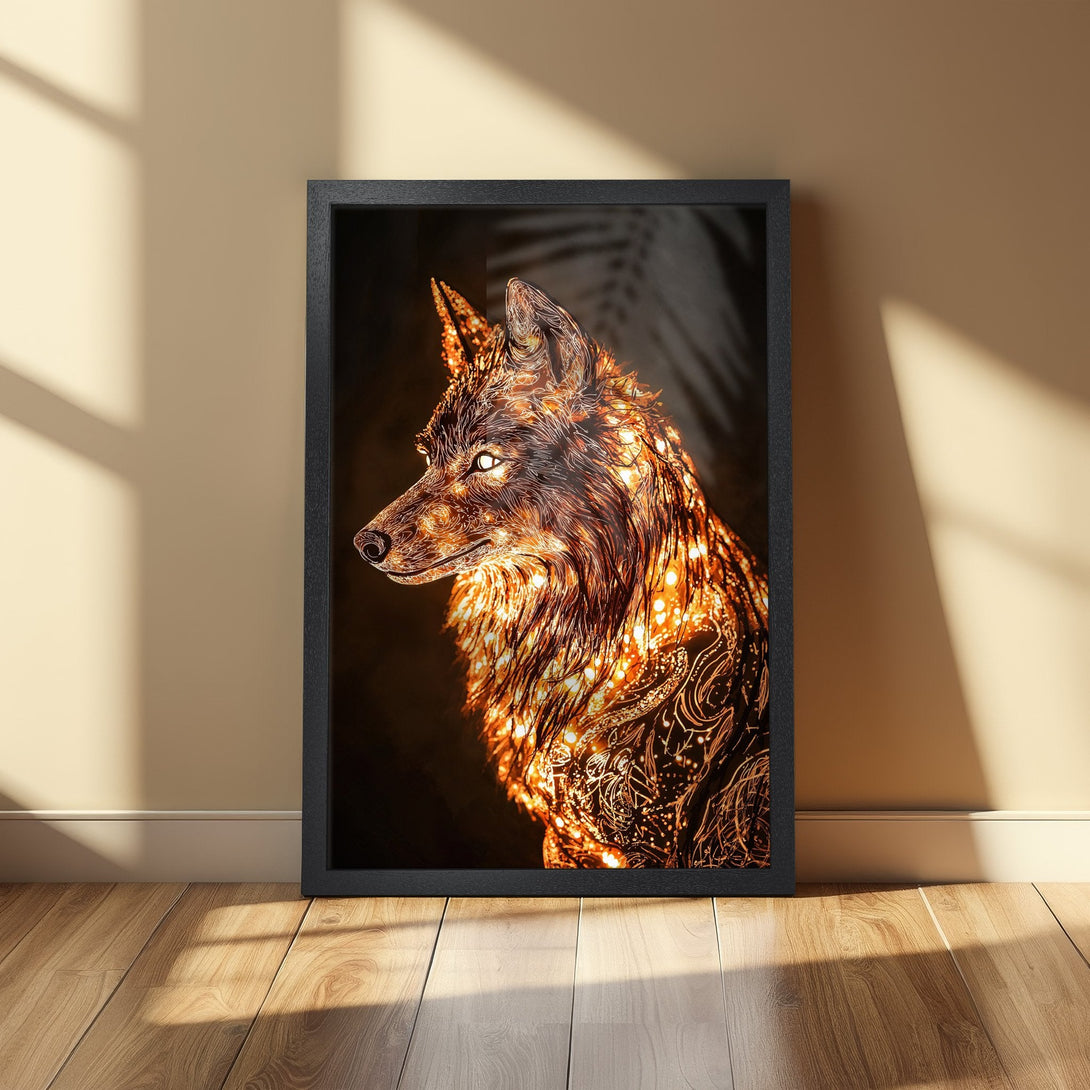 Framed Poster featuring a glowing wolf illustration. Warm, golden color palette with intricate details. Perfect wall art for your home!