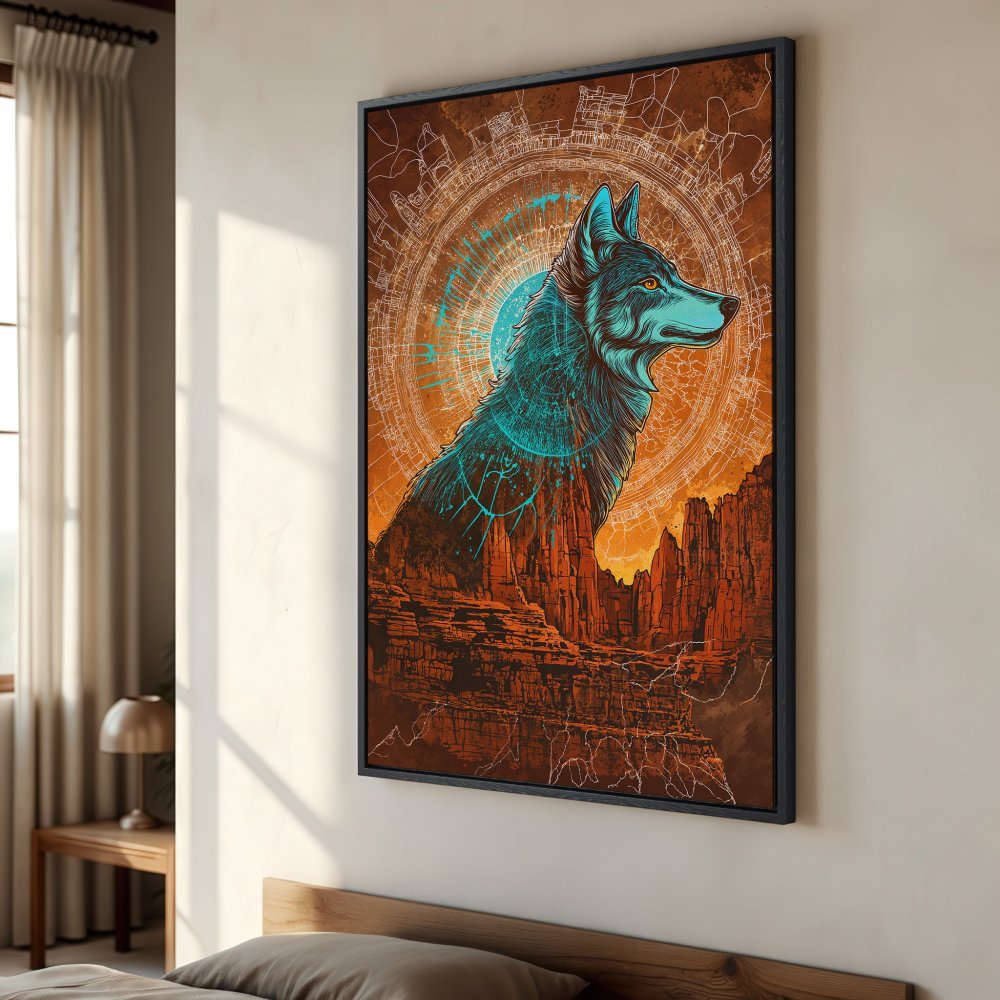 Framed Wall Art: Majestic wolf art print in turquoise and orange, perfect for modern home decor. Unique, eye-catching design. Shop now!