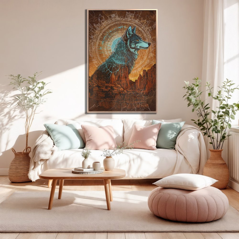 Framed Wall Art featuring a majestic wolf in a Southwestern style, with a warm, earthy color palette. Perfect for living room decor.
