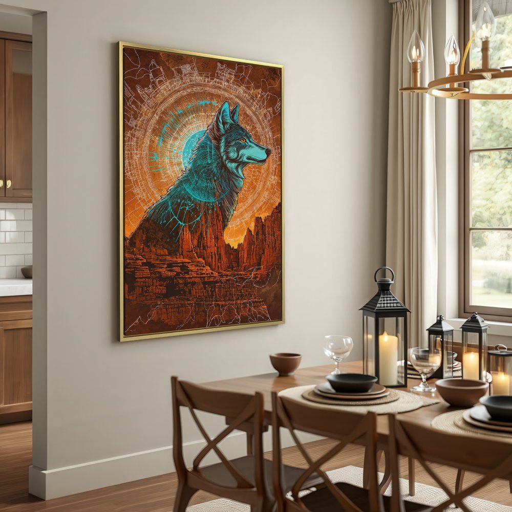 Canvas Print: Mystical wolf art in teal & orange. Southwestern style wall decor for a bold statement.