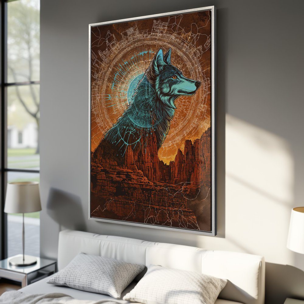 Framed Wall Art: Majestic wolf illustration in teal & brown hues. Modern canvas print adds a touch of wilderness to any space. Shop now!