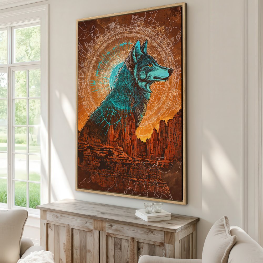 Framed Wall Art: Majestic wolf art print in teal and orange. Southwestern style Canvas Print adds a touch of nature and adventure to your home decor.