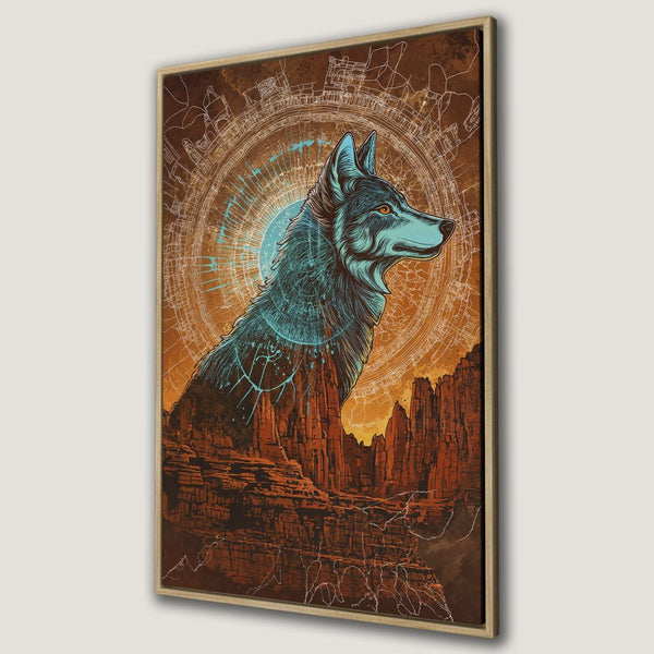Framed Wall Art featuring a majestic wolf illustration in a vibrant blue and orange color palette. Perfect for adding a touch of wilderness to your decor.
