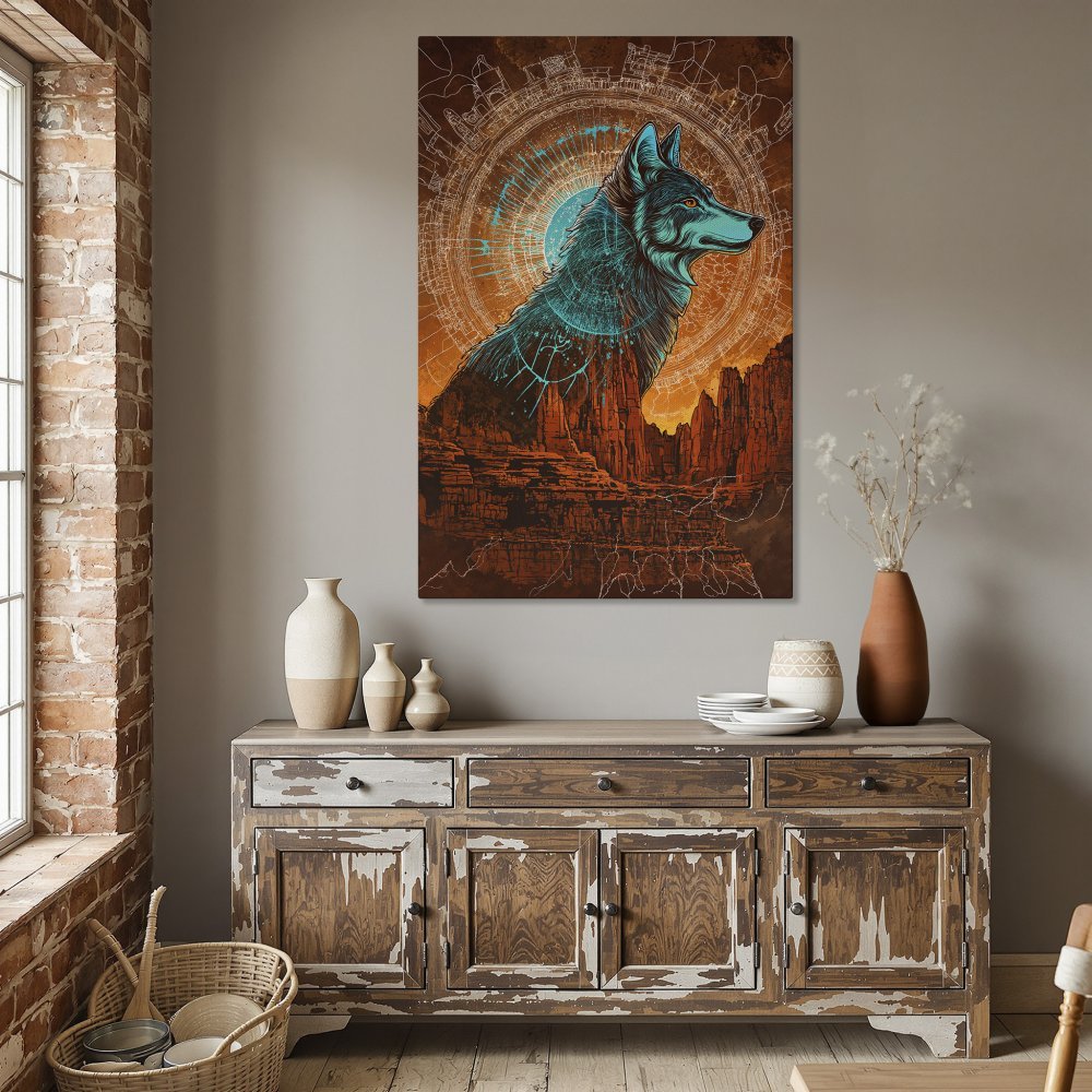 Framed Wall Art: Majestic wolf art print in teal & orange. Modern southwestern style canvas print for home decor.