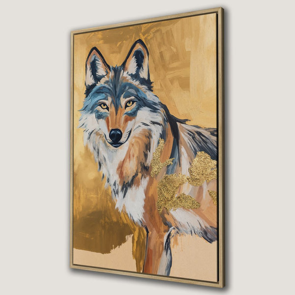 Framed Wall Art: Majestic wolf painting in gold, brown, and blue hues. Add a touch of wilderness to your home with this stunning Canvas Print.