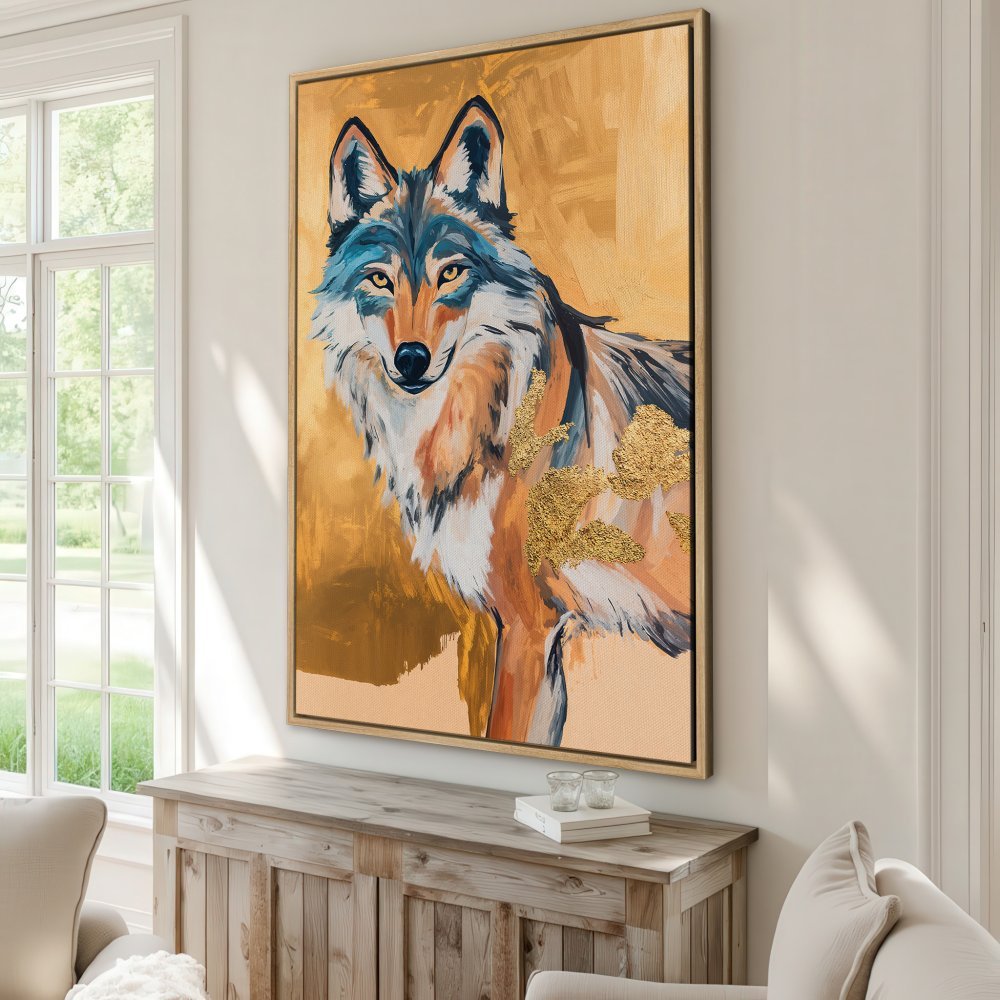 Framed Wall Art featuring a majestic wolf painting. Modern abstract style with a warm gold and earthy color palette. Elevate your space with this stunning Canvas Print!