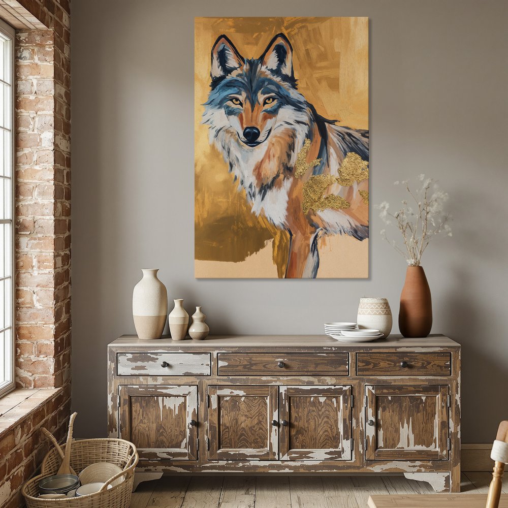 Framed Wall Art: Stunning wolf painting in warm gold, blue, and orange tones. Add a touch of nature-inspired elegance to your home with this canvas print.