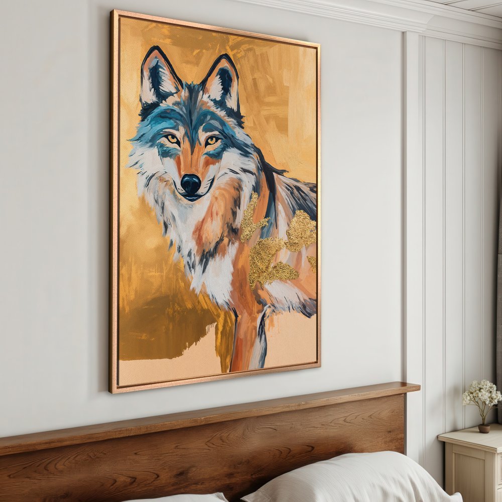 Framed Wall Art: Majestic wolf painting in gold, blue, and orange. Modern abstract style canvas print for a stylish home decor upgrade.