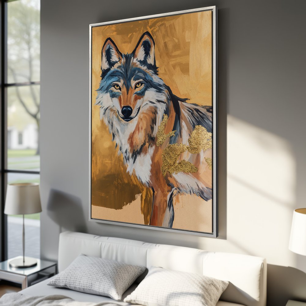 Framed Wall Art: Majestic wolf painting in warm gold & earth tones. Add a touch of wilderness to your decor! Shop now for stunning canvas prints.