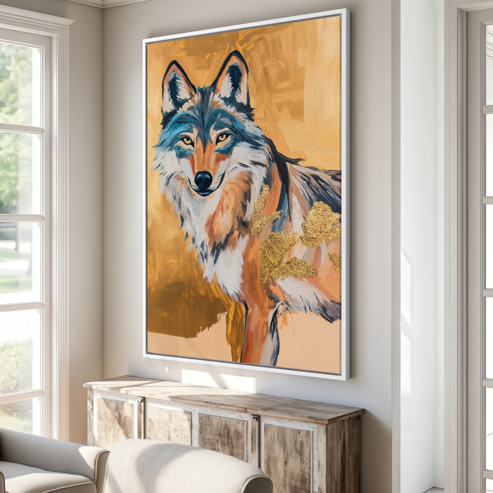 Framed Wall Art: Majestic wolf painting in warm gold and blue tones. Modern abstract style Canvas Print for a stylish interior.