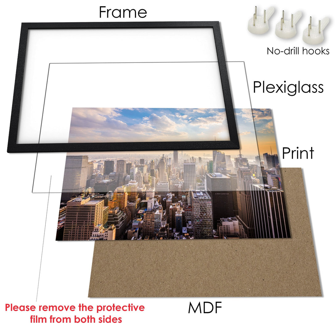 Framed Poster of NYC skyline with a warm color palette, perfect for any space. Get yours today!