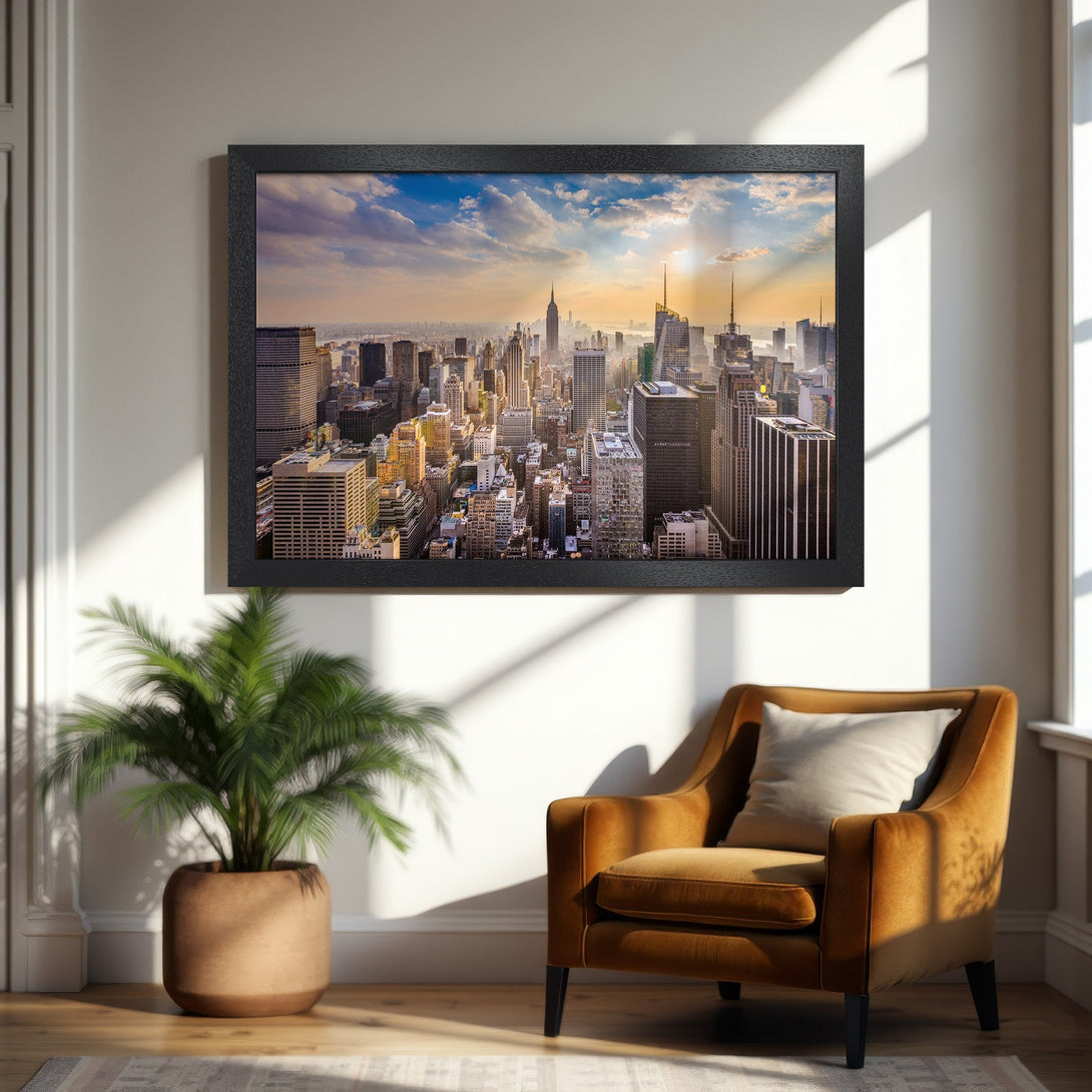 Framed Poster of NYC skyline. Modern style, warm color palette with golden hour lighting. Perfect wall art for your home!