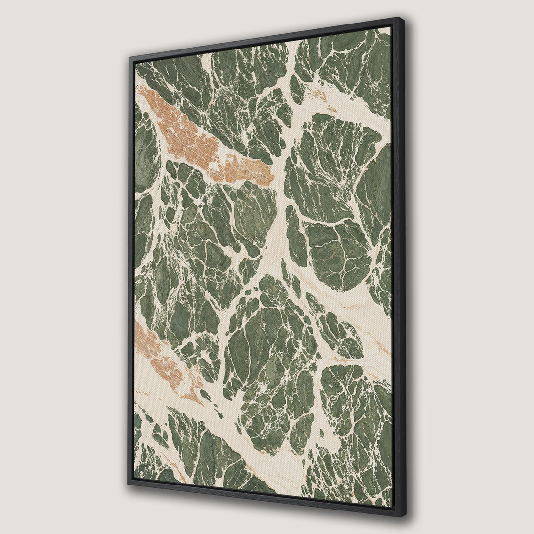 Framed Wall Art featuring a modern abstract marble design in green, beige, and gold tones. Elevate your space with this stylish Canvas Print.