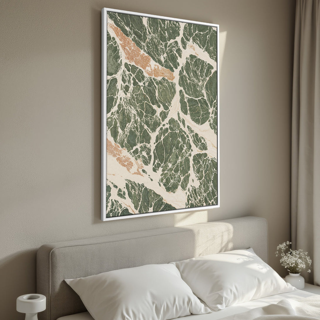 Framed Wall Art: Abstract marble design in green, beige, and gold. Modern canvas print adds a touch of elegance to any bedroom decor. Shop now!
