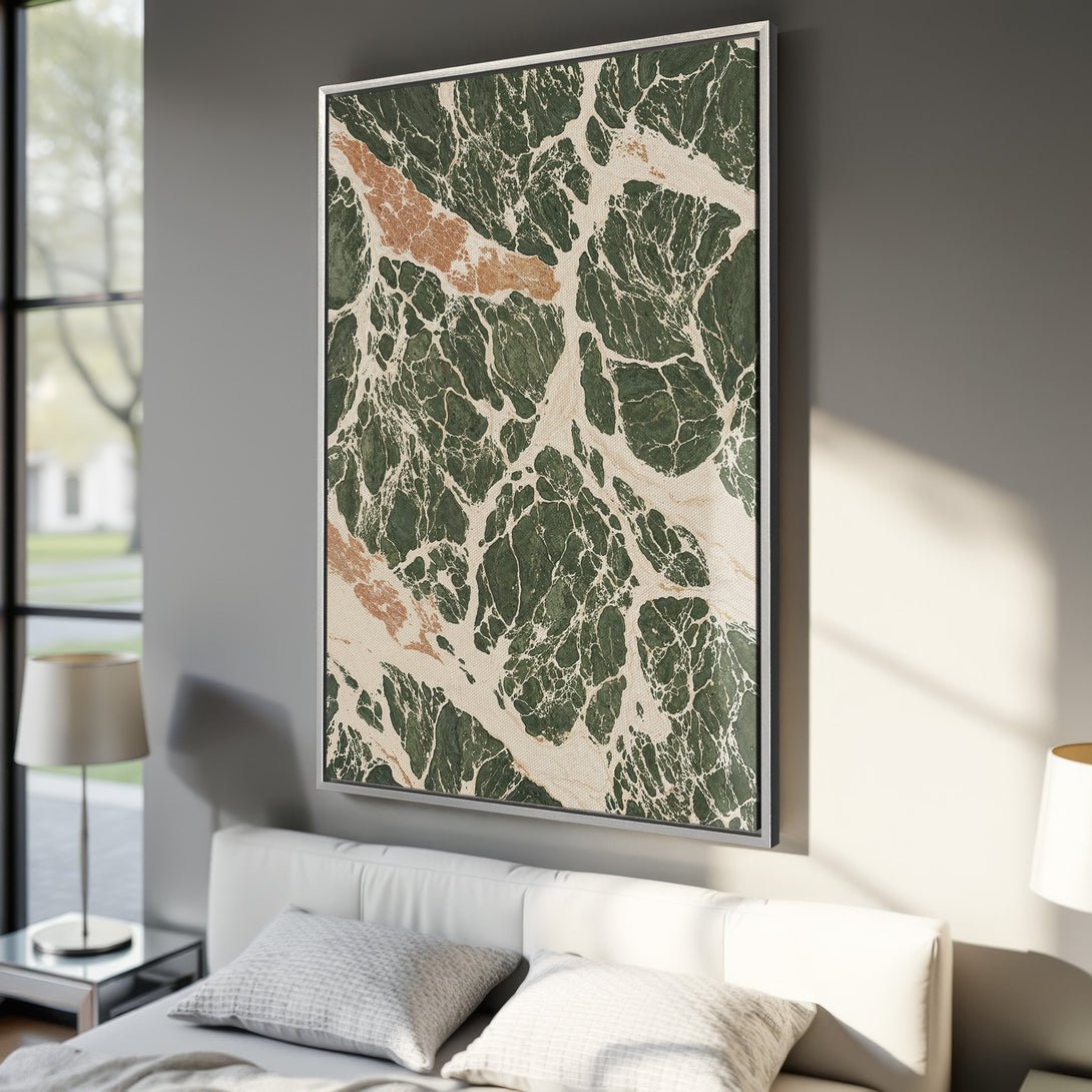 Framed Wall Art: Abstract green and beige marble design canvas print. Modern art for home decor, featuring a stylish color palette.