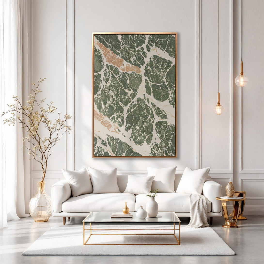 Framed Wall Art: Abstract marble print in green, gold, and white. Modern art piece adds elegance to a living room. Shop our canvas prints today!