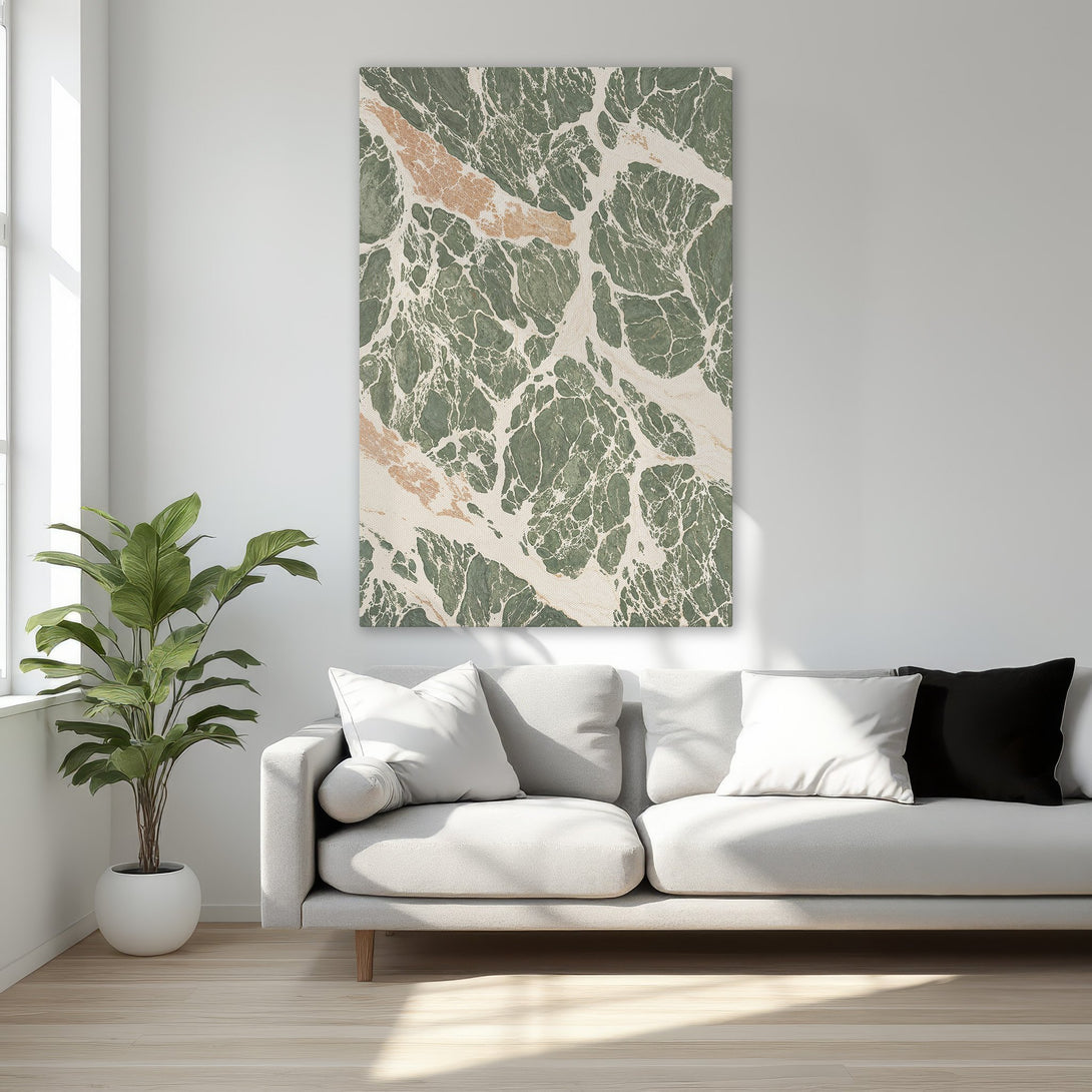 Framed Wall Art featuring a green and beige abstract marble design. Elevate your space with this stylish canvas print, a perfect touch of modern elegance.