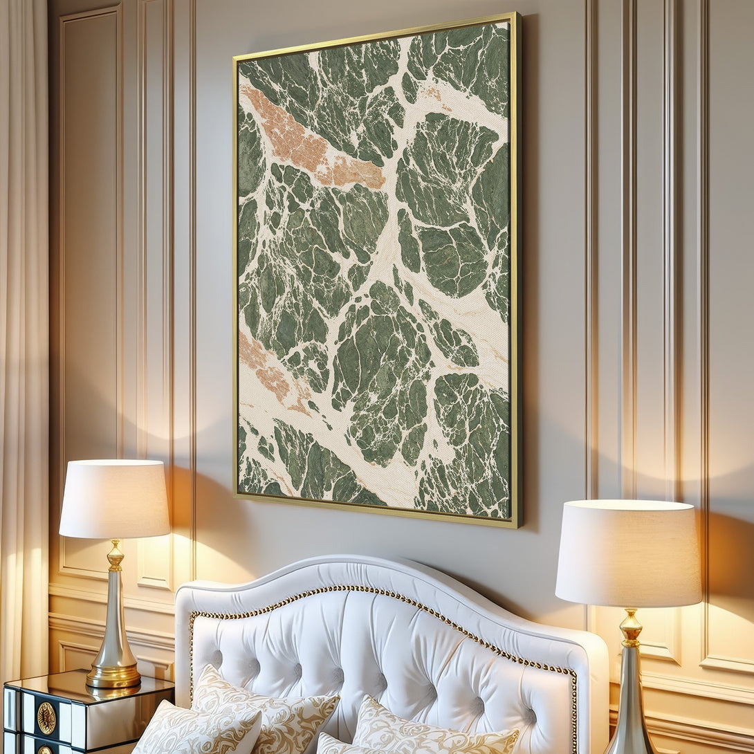 Canvas Print with abstract green & gold marble design, adding modern art to a minimalist living room. Perfect wall decor!