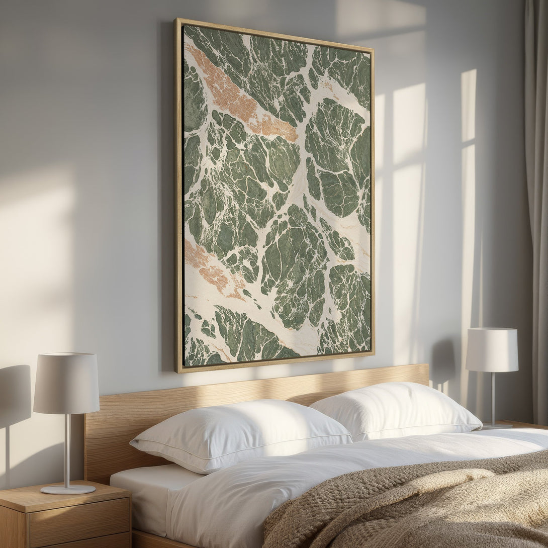 Framed Wall Art: Abstract green and peach marble design. Modern canvas print adds a touch of elegance to a bedroom. Neutral color palette.