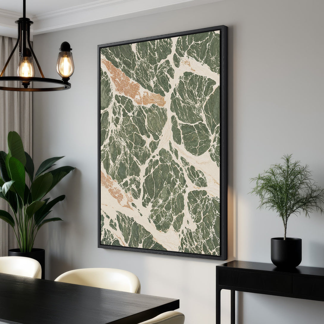 Framed Wall Art: Abstract marble Canvas Print in green, beige, and white. Modern art for your home decor, adding a touch of elegance.