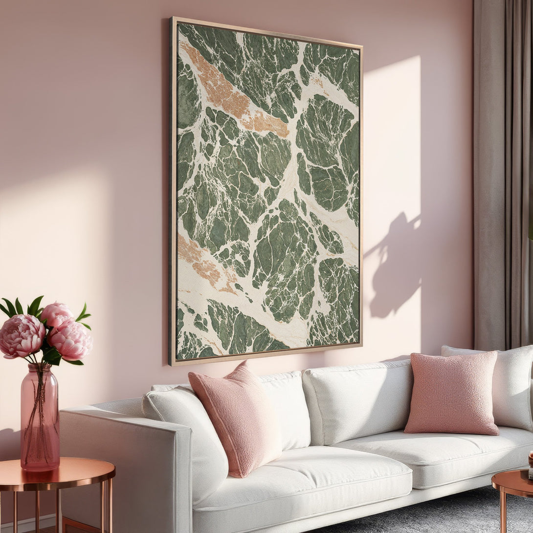 Framed Wall Art featuring a green and gold abstract design. Modern Canvas Print in a serene, blush and white interior setting. Elevate your space!