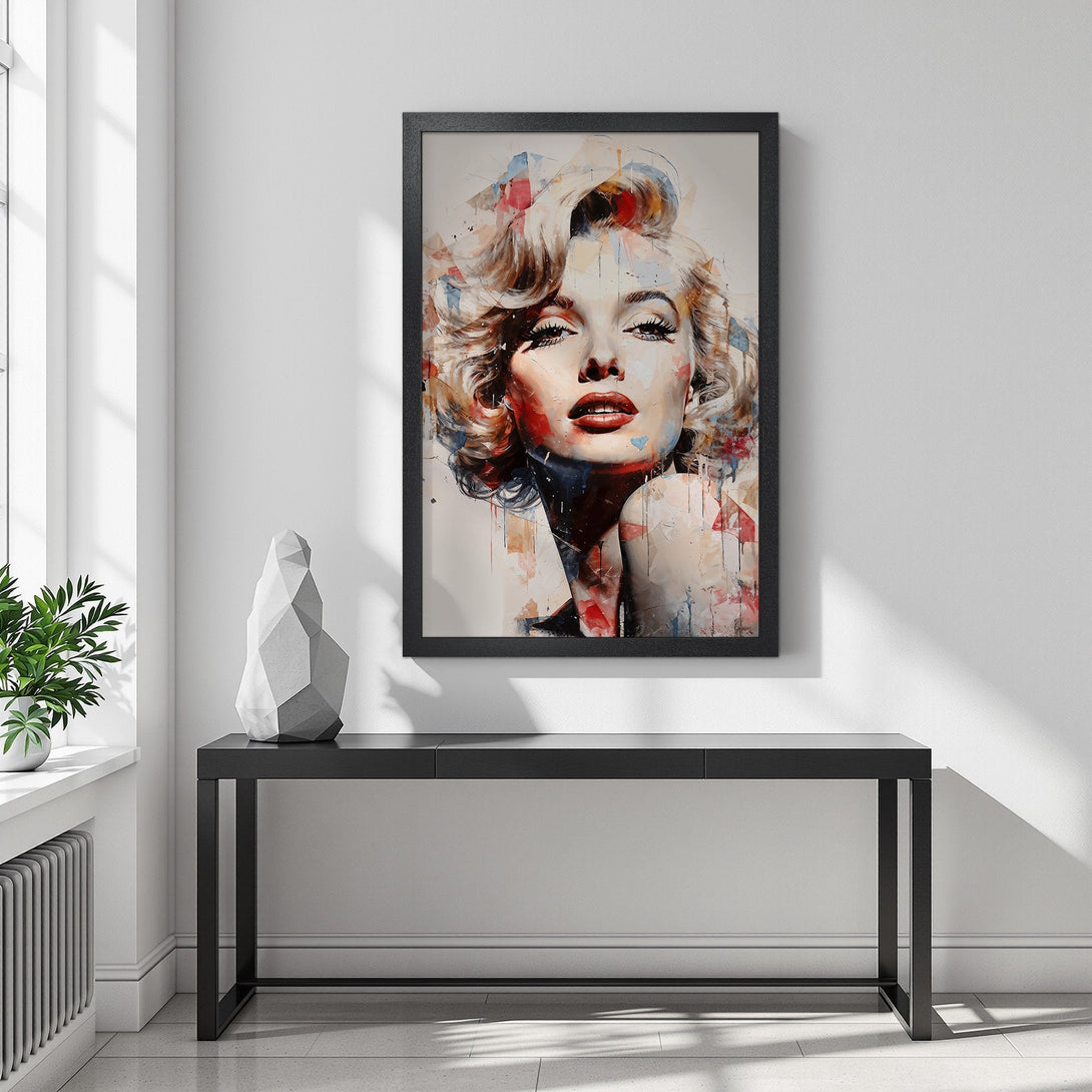 Framed Poster of Marilyn Monroe in watercolor style, featuring a vibrant red, blue, and beige color palette. Elevate your space!