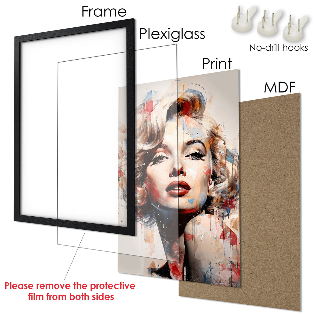 Framed Poster featuring a Marilyn Monroe portrait in a modern, abstract style with a warm, colorful palette. Perfect wall art!