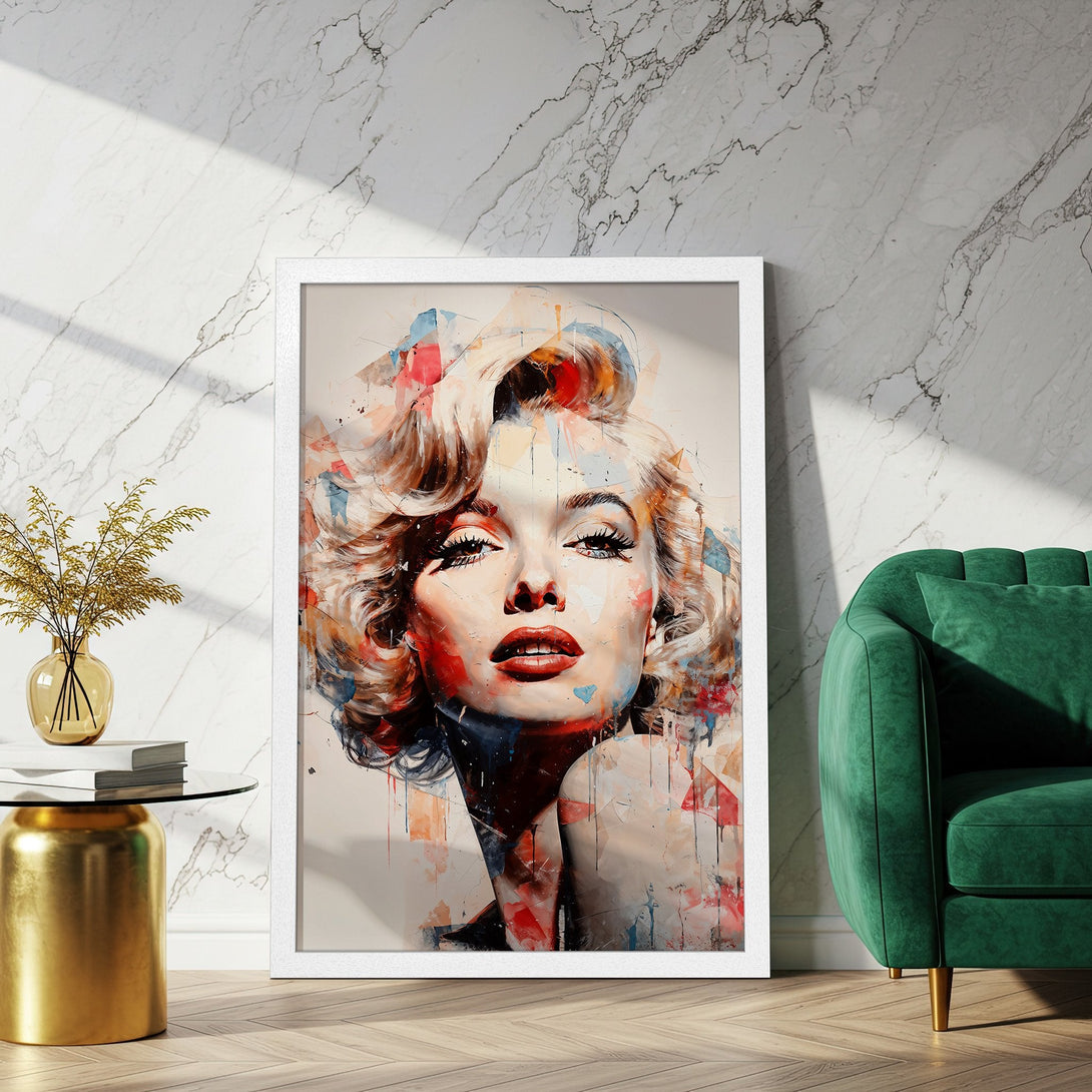 Framed Poster featuring Marilyn Monroe in a vibrant, abstract style with a warm color palette. Perfect wall art for a modern touch!