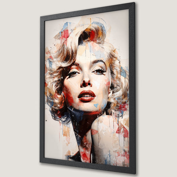 Framed Poster featuring Marilyn Monroe in a vibrant, abstract watercolor style with a warm, colorful palette. Perfect wall art!