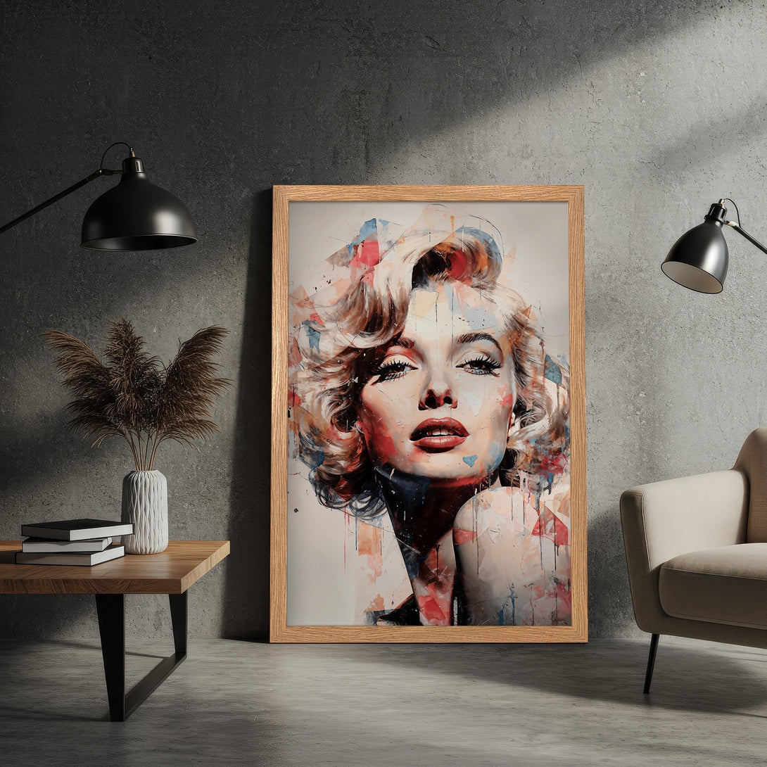 Framed Poster of Marilyn Monroe in an abstract style with a neutral and colorful palette. Perfect wall art for any room.