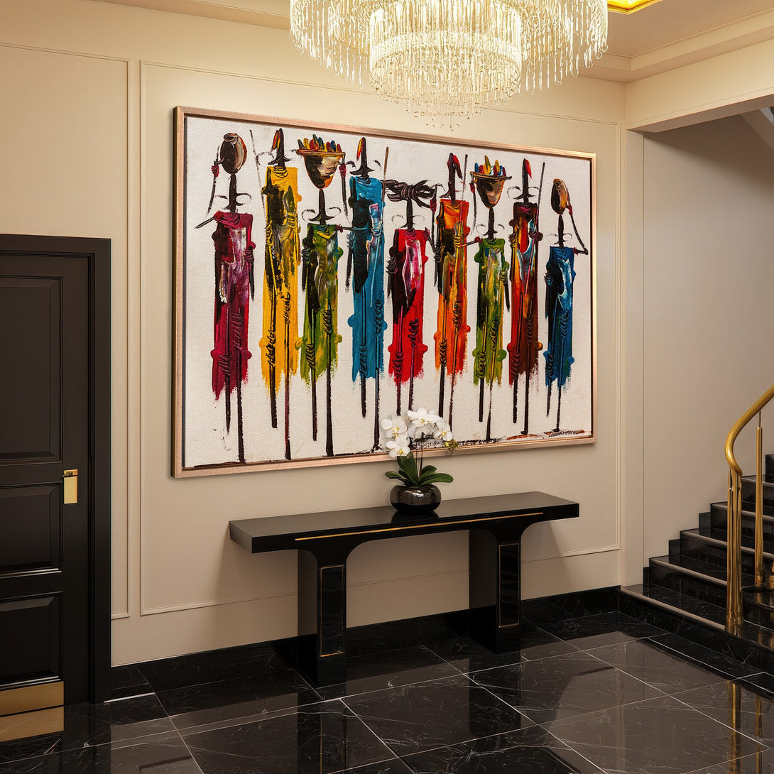 Framed Wall Art: Colorful abstract figures in a modern entryway. Vibrant palette of reds, blues, yellows, and greens. Elevate your space!