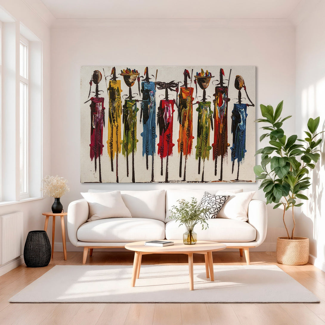 Framed Wall Art featuring colorful abstract figures. Modern art with a vibrant palette of reds, blues, yellows, and greens. Perfect for living room decor.