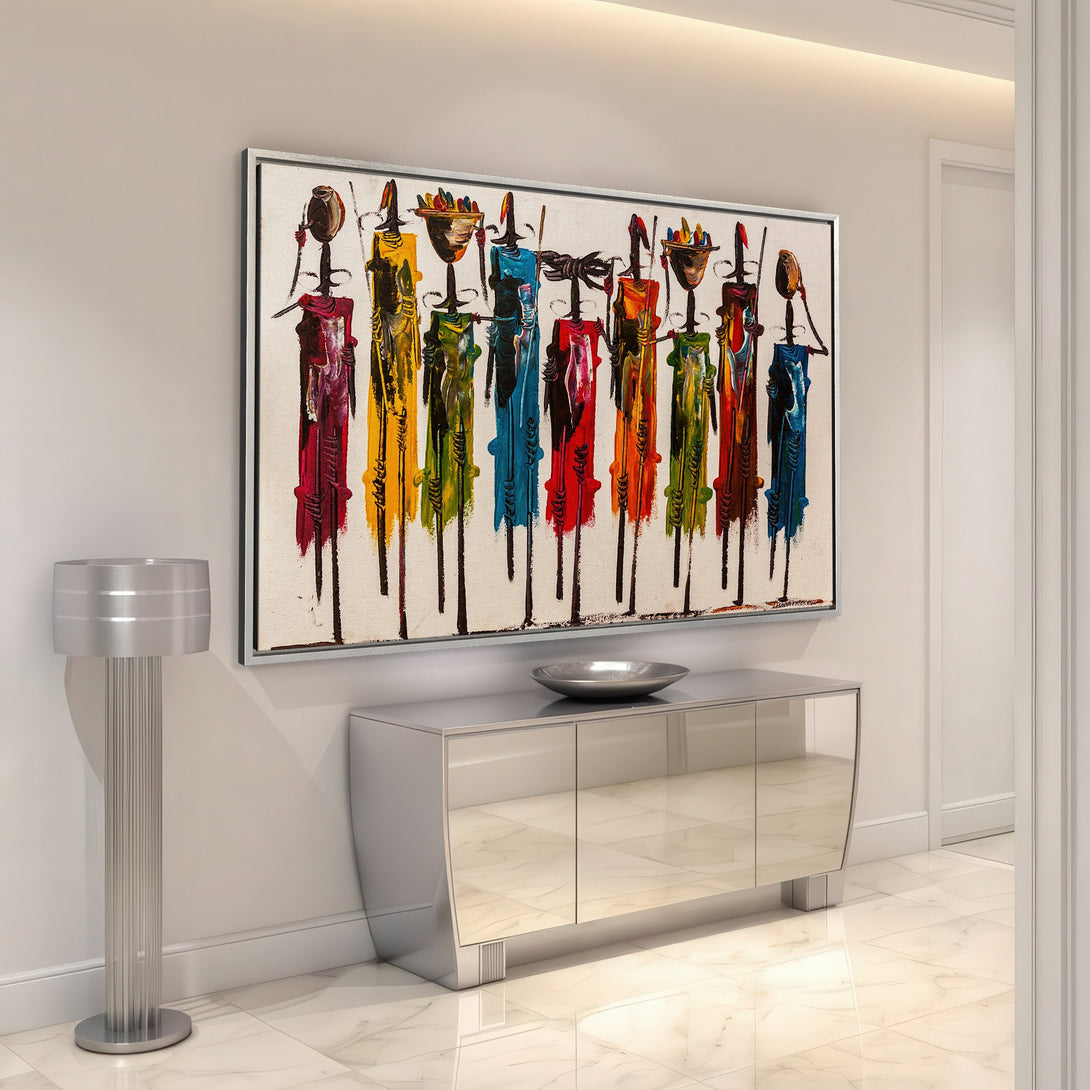 Framed Wall Art featuring colorful abstract figures. Modern art with vibrant hues of red, yellow, green, and blue. Perfect for adding a pop of color to your space.