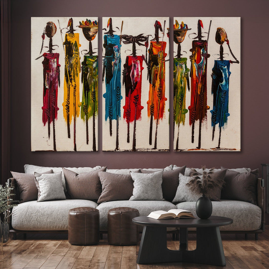 Canvas Print of abstract African figures with a vibrant, colorful palette. Modern art for your home.