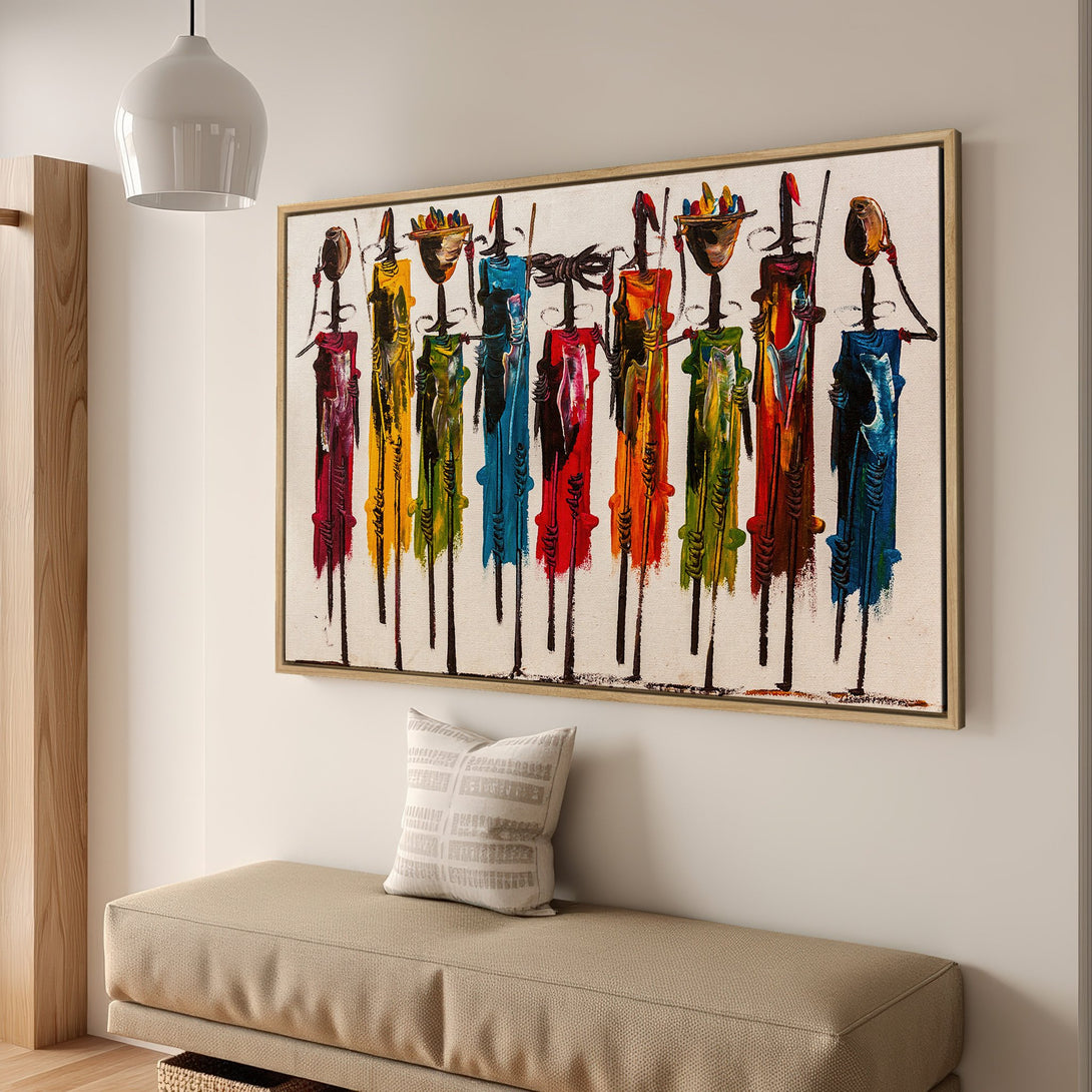 Framed Wall Art: Colorful abstract figures in a vibrant palette. Modern art canvas print adds a pop of color to any space. Shop now!