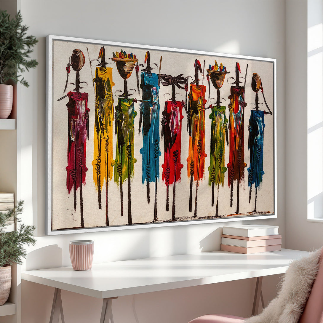 Framed Wall Art: Colorful abstract figures in a modern style. Vibrant palette of red, yellow, blue, and green. Perfect for adding art to your home.